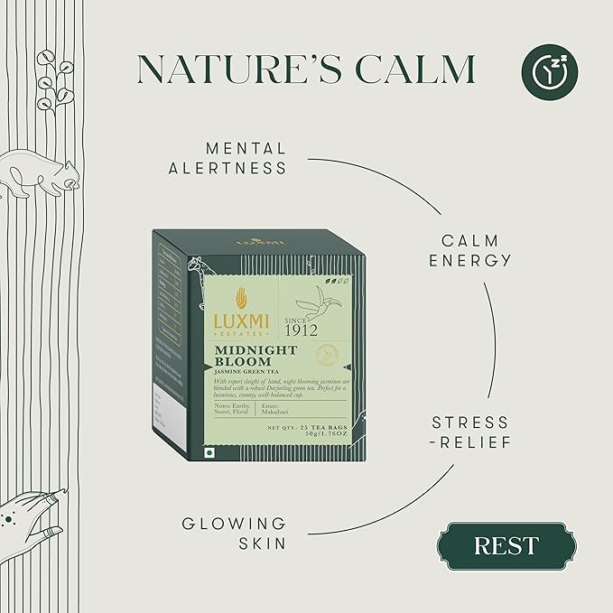 Luxmi Estates Midnight Bloom Jasmine Darjeeling Green Tea | 25 Biodegradable Tea Bags, 50g/1.76 oz