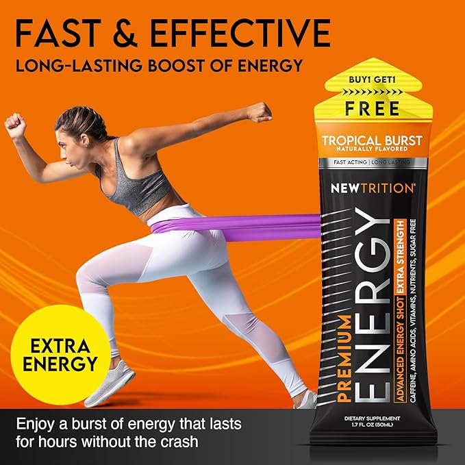 NewTrition® Extra Strength Energy Shots, 1.7 fl oz - 250mg Caffeine with Vitamin B & Amino Acids, Sugar-Free, Zero Calorie Vitamin Energy Drink for Focus & Endurance (Pack of 6, Tropical Burst)