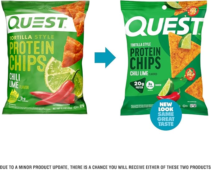 Quest Nutrition Chili Lime Tortilla Style Protein Chips, 20g Protein, 3g Net Carbs, Low Carb, Gluten Free, 1.1 oz (Pack of 12)