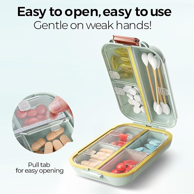 7 Compartments Travel Pill Organizer, Foldable Portable Airtight Daily Pill Box, Compact Pill Case for Purse & Pocket, BPA-Free Medicine Organizer for Vitamins Fish Oil Supplements (Green)