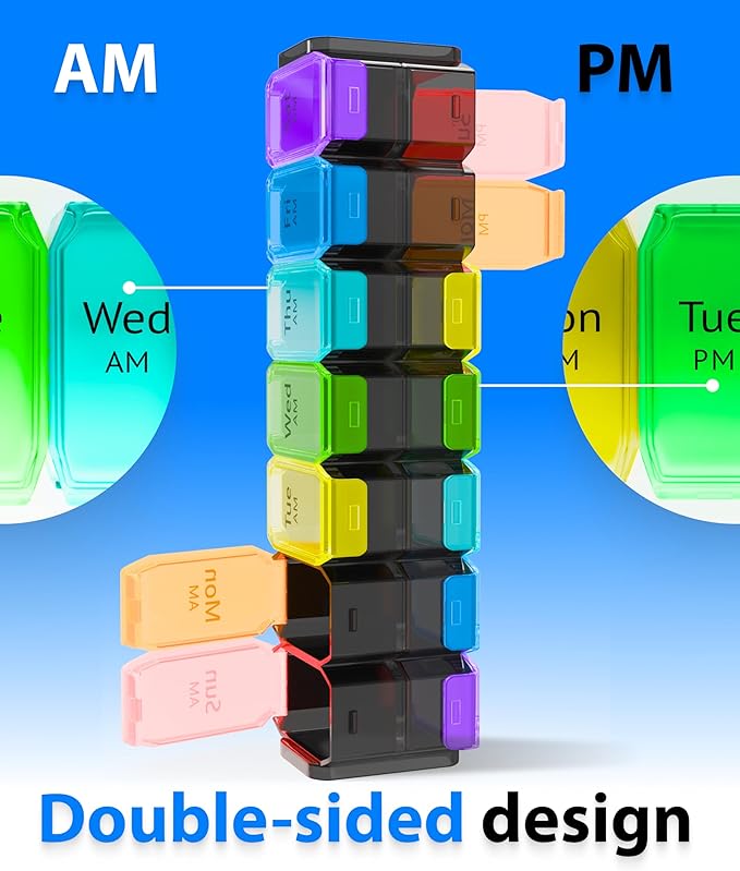 Extra Large Pill Organizer 2 Times a Day – XL Pill Box 7 Day with Big AM/PM Compartments – Fits Large Vitamins, Supplements & Gummies, for 7 or 14-Day Use, Color-Coded, Senior-Friendly, No Spills