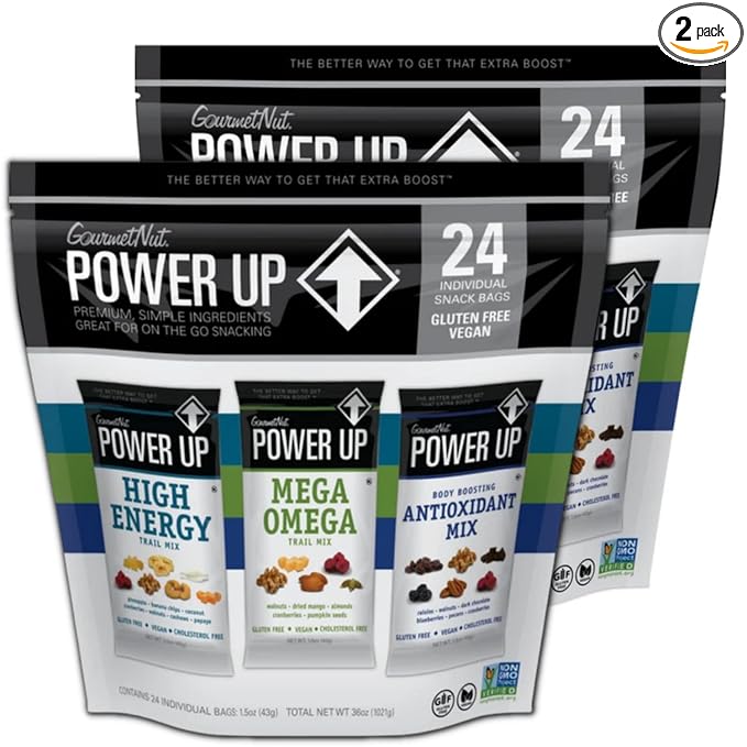 Gourmet Nut Power Up Trail Mix, 2 Pack of 36 Ounce Bags - 100% Natural, Mega Omega Blend, High Energy Snack Assorted - 48 Count Individually Wrapped Packs