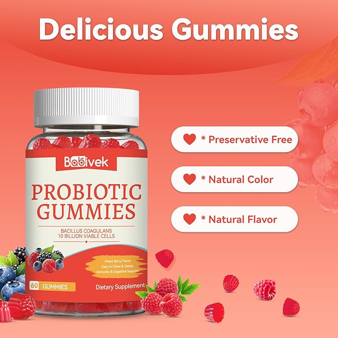 Probiotic Gummies 10 Billion CFU, Bacillus Coagulans for Digestive & Immune Support, Vegan, Non-GMO, Strawberry & Mixed Berry Flavor, 60 Count(Pack of 2)