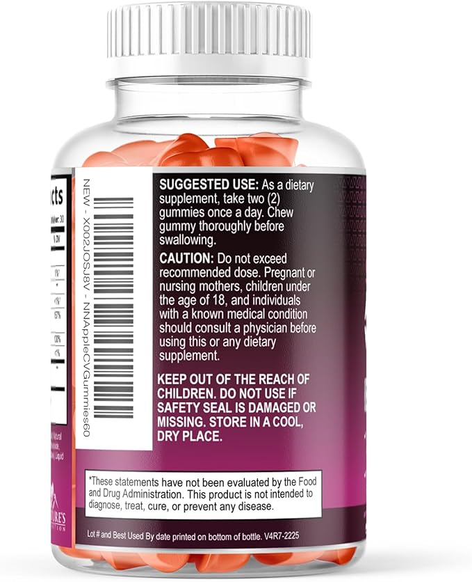 Apple Cider Vinegar Gummies for Weight Loss, Zero Sugar - Apple Cider Vinegar Powder 1000mg Per Serving - Vegan Apple Cider Vinegar Gummy for Detox & Cleanse - Sugar Free ACV Supplement - 60 Gummies