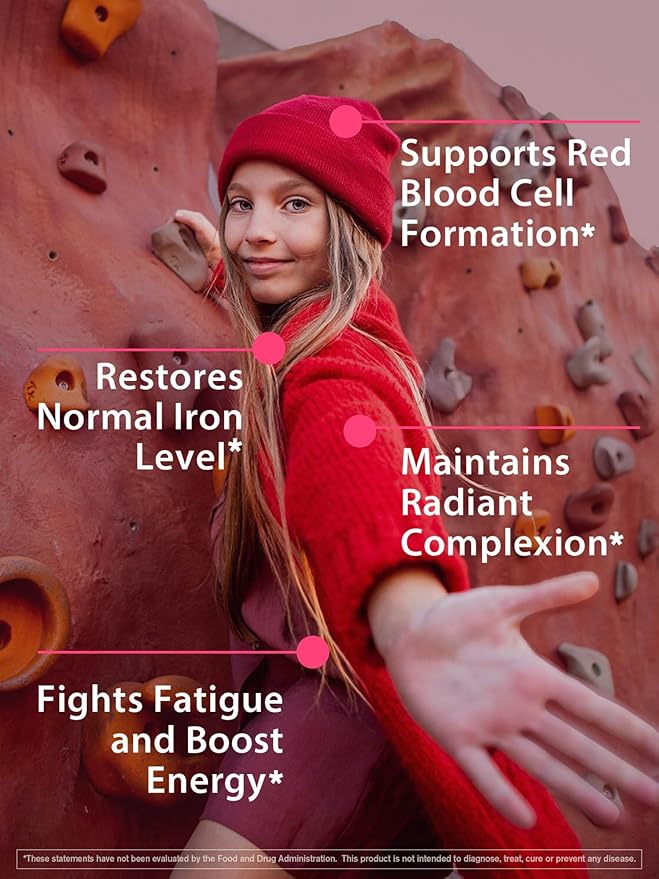 Iron Supplement for Women & Men, Iron Bisglycinate with Vitamin C, B6, B12, Folate, Stomach Friendly, Non-Constipating, Blood Health & Energy Boost, 60 Vegan Caps