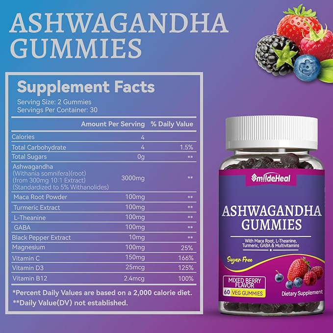 Ashwagandha Gummies 3000mg - Stress Relief & Increased Energy - Ashwagandha Supplements for Women & Men - Natural Mixed Berry Flavor (120 Count)