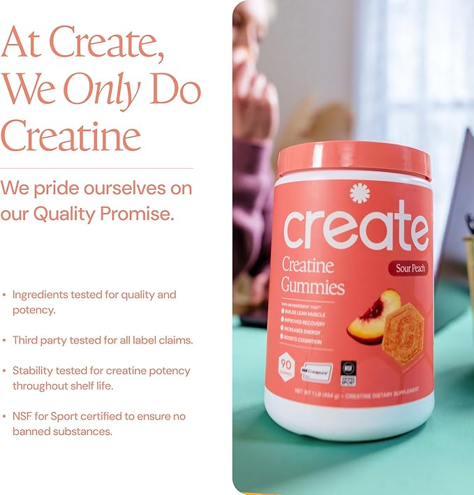 Create Creatine Monohydrate Gummies for Men & Women, Boost Focus, Strength, and Endurance, Anti-Melting Formula, Vegan, Gluten-Free, Non-GMO, 1.5g of Creatine per Gummy (Sour Peach)
