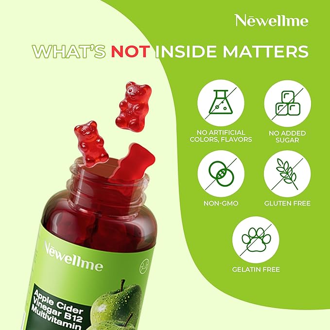 NEWELLME ACV Gummies with The Mother & B12 – Sugar-Free, Great-Tasting Vegan Gummies for Digestion, Metabolism & Daily Energy Support, 90 Count