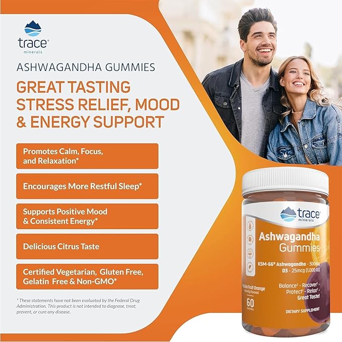 Trace Minerals Ashwagandha - Ashwagandha Gummies for Supporting A Healthy Mindset - Calming Supplement - Better Sleep - Immune System & Energy Support - Passion Fruit Orange - 60 Count (30 Servings)