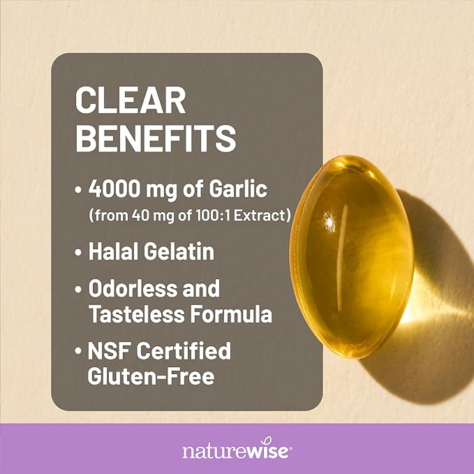NatureWise Odorless Garlic Supplement 4000mg - Ultra Potent 100:1 Extract - Healthy Cholesterol Formula, Heart Health Support - Non-GMO, Gluten Free, with Halal Gelatin - 180 Count[90-Day Supply]