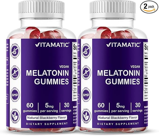 Vitamatic Melatonin Gummies – (2.5 mg, 5 mg & 10 mg Doses) | 60 Vegan Gummies per Bottle | Pack of 2