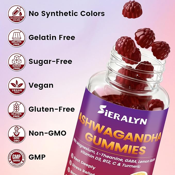 Ashwagandha Gummies 2000mg, Ashwagandha Supplements for Women Men with L-Theanine, GABA, Magnesium, Vitamins – Stress Relief, Immune & Mood Support, Sugar-Free, Vegan, Non-GMO, 120 Count