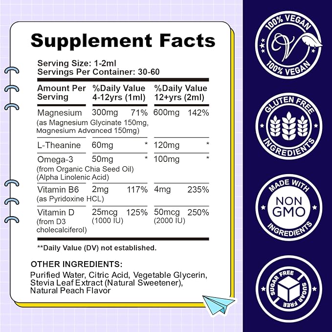 Kids Magnesium Liquid Drops-Magnesium Glycinate Liquid for Kids Supplement-w/L-theanine, Omega-3, Vitamin B6, D3 - for Sleep, Relaxation, Brain, Bones - Peach Flavor, 2 Fl Oz
