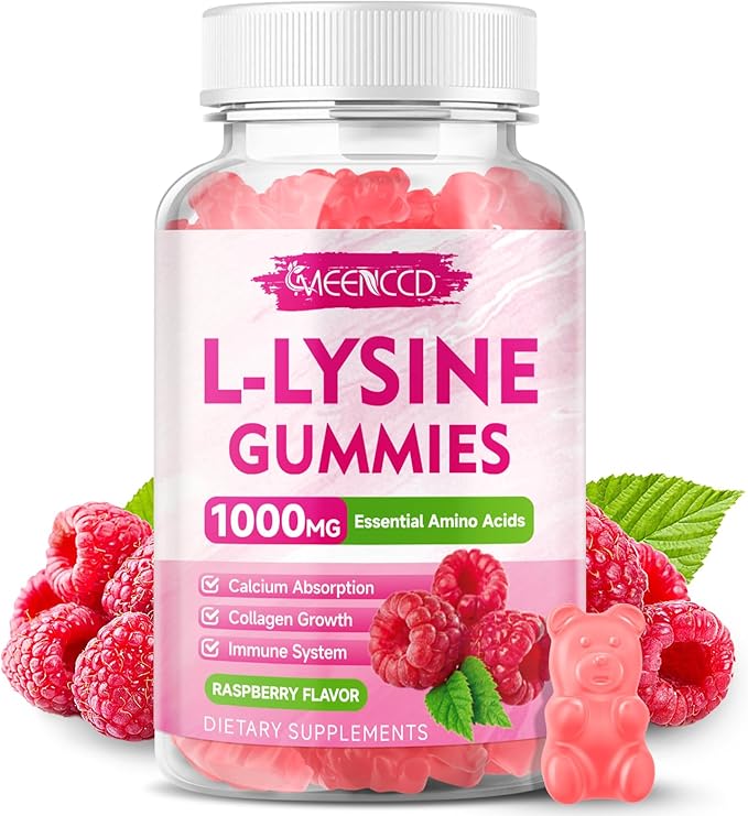 MEENCCD L-Lysine 1000mg Gummies, Lysine Supplement for Adults & Kids, Essential Amino Acid Supplement Supports Collagen Formation, Sugar-Free, Raspberry Flavor, 60 Count