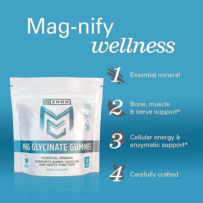 Zhou Mag Gly Gummies - Magnesium Glycinate Gummies for Women & Men, Cellular Energy Support, Muscle & Nerve Function Support, Vegan, Gluten Free, Natural Fruit Punch Flavor - 50 Count
