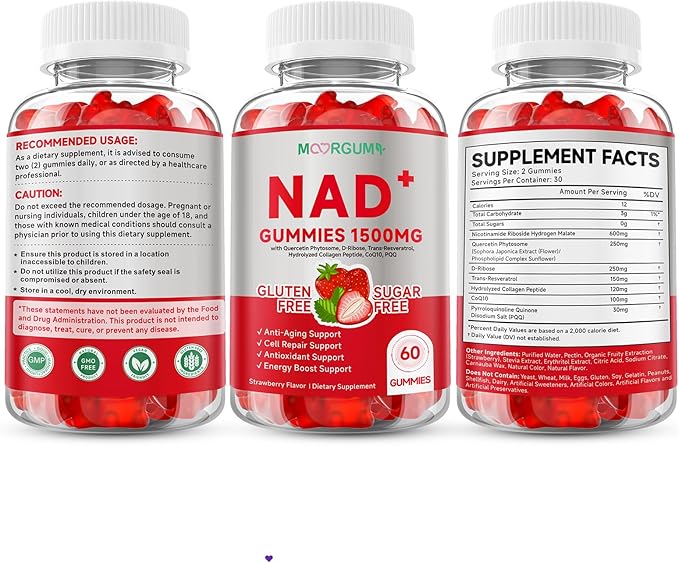 1500MG Core Collagen Supplements with N AD+ for Women & Men, Trans-Resveratrol, CoQ10, Nicotinamide Riboside Hydrogen Malate, for Healthy Aging & Antioxidant Support, 120 Gummies