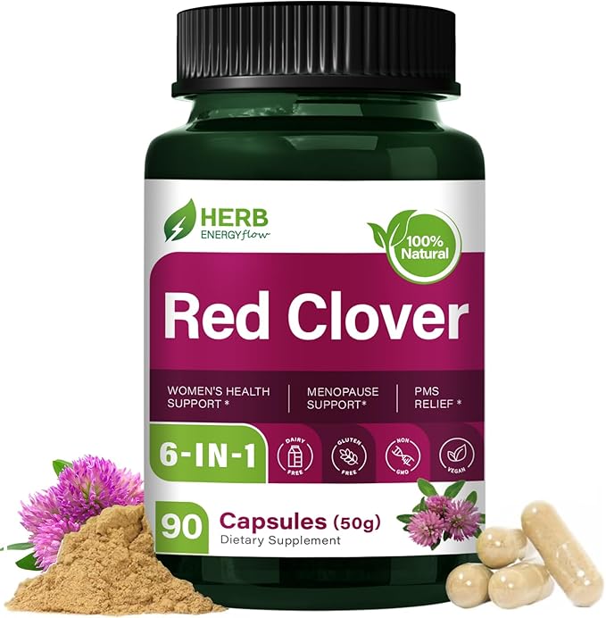 HERBENENERGYflow Red Clover Capsules, 90 Count. Women Health Supplement | Women’s Health Support, Menopause Support & PMS Relief. | Non-GMO, Vegetarian Capsules w/Black Cohosh Dong Quai.