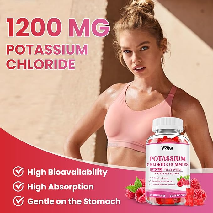Potassium Gummies for Adults, Potassium Chloride 1200mg, Potassium Supplement for Women & Men, Supports Electrolyte Balance & Muscle Health, Sugar-Free, Raspberry Flavor, 120 Count