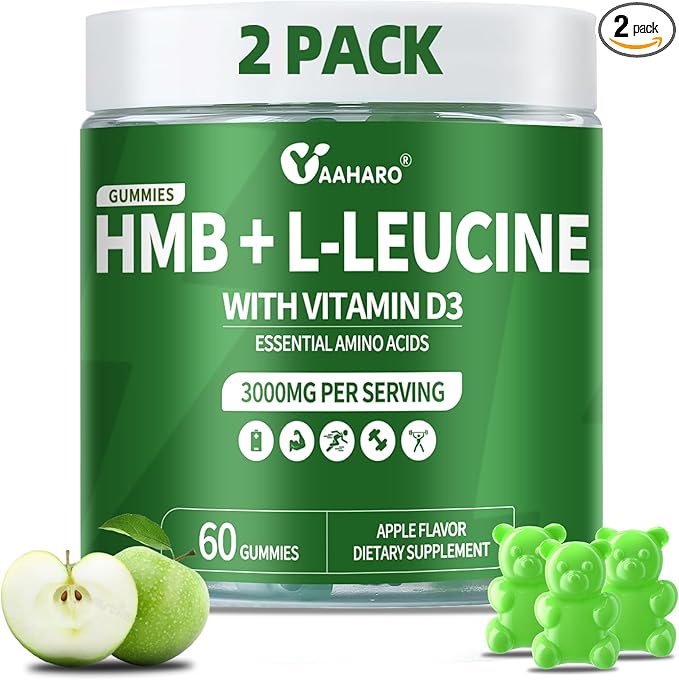 2 Pack HMB and L-Leucine Gummies - 3000mg HMB and Leucine Amino Acid with Vitamin D3 for Muscle and Energy Support, HMB Supplements for Men and Women, Sugar-Free, Vegan, Apple Flavor, 120 Gummies