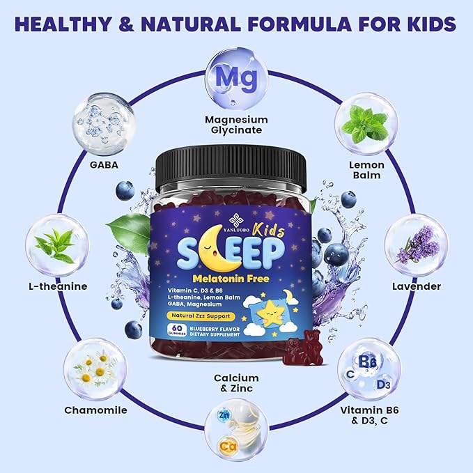 Kids Sleep Gummies Melatonin Free - with Magnesium Glycinate, Lemon Balm, L-Theanine & GABA - Calming Relaxation, Support Natural Sleep, Quiet Mind - Berry Flavor, Non-Habit Forming, 120 Count