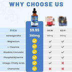 10 in 1 Cortisol Supplements for Women & Men, Cortisol Reducer with Ashwagandha, Magnesium, L-Theanine, Hormone Balance Drops - Sleep & Mood Support, 2 Fl Oz, Blueberry Flavor