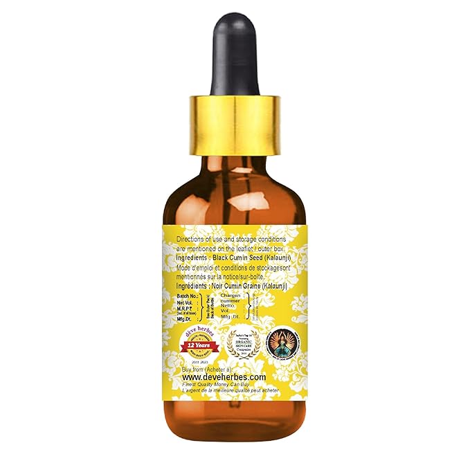 Deve Herbes Black Cumin Seed (Kalaunji) Oil (Nigella sativa) with Glass Dropper | Cold Pressed | Pure | For Diluting Essential oils | Hair, Skin & Massage | Lightweight | Unisex | 30ml (1 oz)