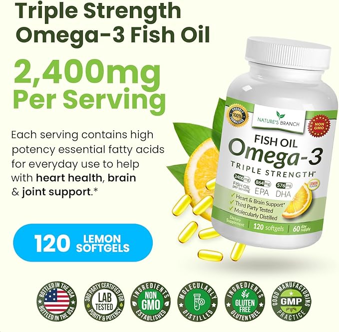 Triple Strength Omega 3 Fish Oil Supplements 2400mg | 120 Capsules, Burpless High Potency Lemon Flavor, High EPA DHA for Men & Women Ultra Pure Softgels | Joint Support, Eyes, Heart Brain Health Pills