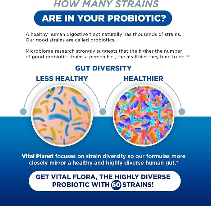 Vital Planet - Vital Flora Women’s Daily Probiotic 60 Billion CFU, 60 Diverse Strains, 7 Organic Prebiotics, Vaginal and Immune Support, Bloating, Digestive Health Probiotics for Women 60 Capsules