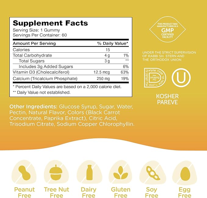 Zahler Yummy Kids Calcium Gummies - Kids Calcium Vitamin D Gummies - Non-GMO Gluten Free 250mg Calcium Supplement with Vitamin D3 - Support Strong Bones & Teeth in Toddlers and Children (60 Count)