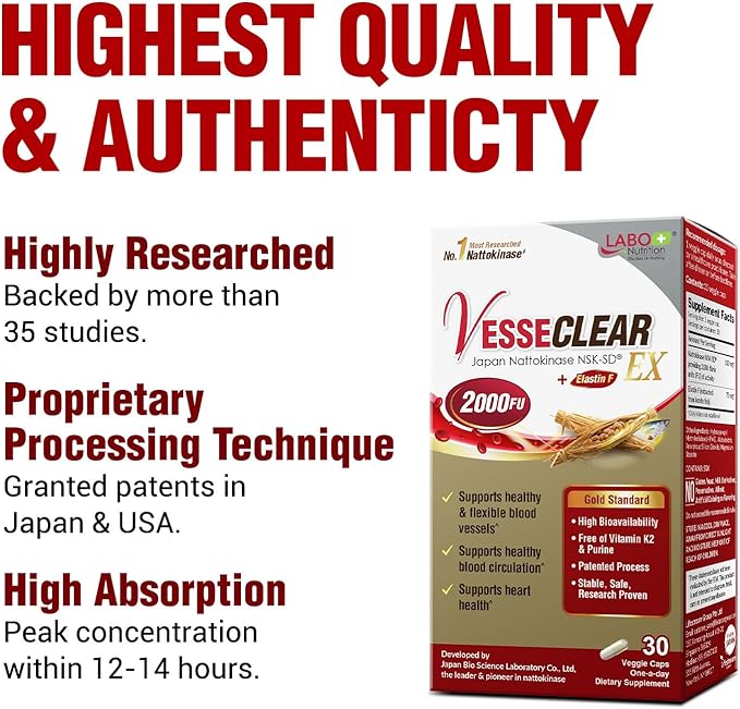 LABO Nutrition VesseCLEAR EX: Artery Cleanse & Elasticity Support Supplement | Blood Pressure, Circulation, Clean Arteries Heart Health Formula | Nattokinase NSK-SD + Elastin F | DR Capsules [3 Pack]