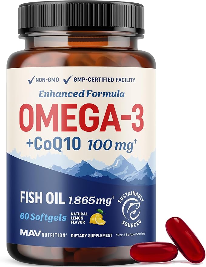 Omega 3 Fish Oil + Co Q10 | 1305MG Omega-3 with CoQ10 100MG for Heart Health, Cellular Energy, and Antioxidant Support | Co Q 10 + Omega3 | Coenzyme Q10 Fish Oil Supplements | Non-GMO | 60 Ct