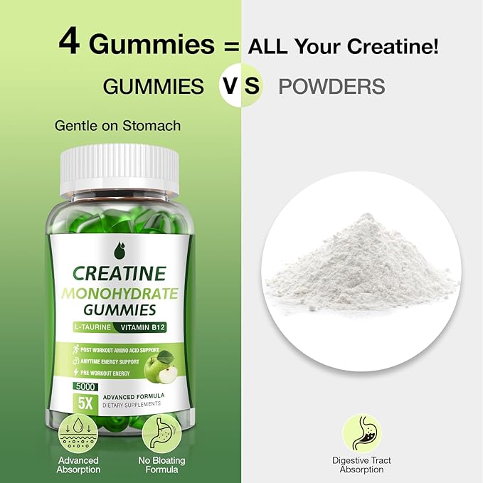 Creatine Gummies for Men & Women - Creatine Monohydrate Gummies 5g, Low Sugar Creatine Supplement for Muscle Builder, Energy Boost & Pre-Workout Supplement, Green Apple Flavor, 160 Gummies (2 Bottles)