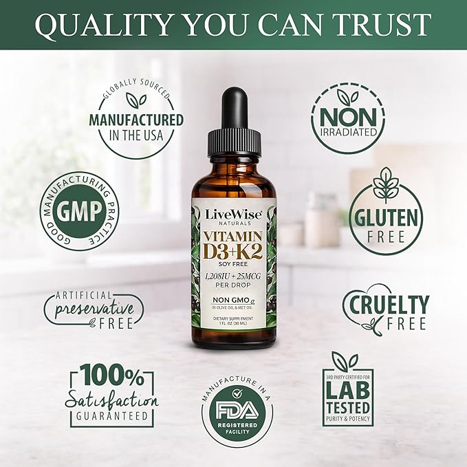 Live Wise Naturals Vitamin D3 K2 Drops for Adults - 930 Drops, Ultra Concentrated Formulation, Fast Absorption 1208 IU Vitamin D3, 25 MCG (MK-7) - Micro-Dosing Dropper for Calcium & Bone Support