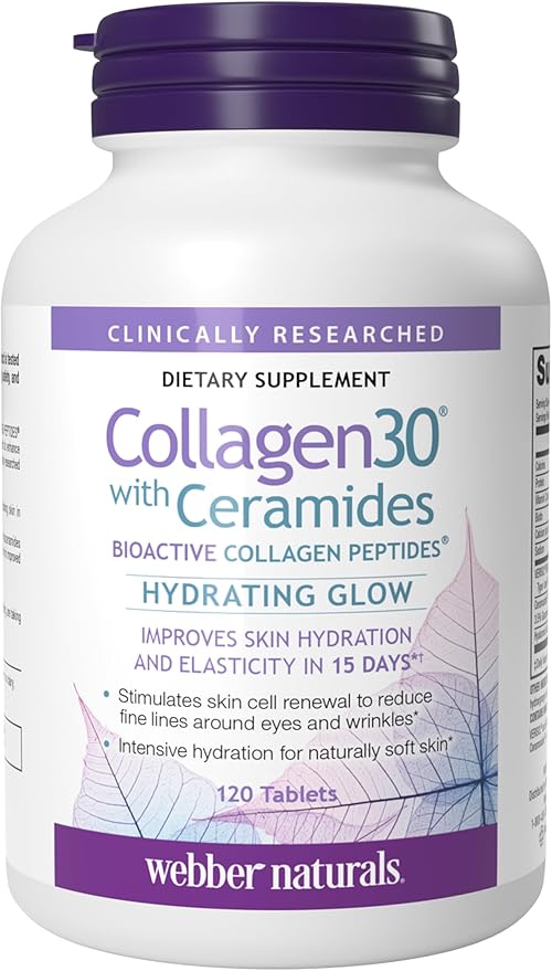 Webber Naturals Collagen30 with Ceramides, Bioactive Collagen Peptides, 120 Tablets, Hydrating Glow, Helps Improve Skin Hydration, Elasticity & Smoothness, Non GMO, Dairy & Gluten Free