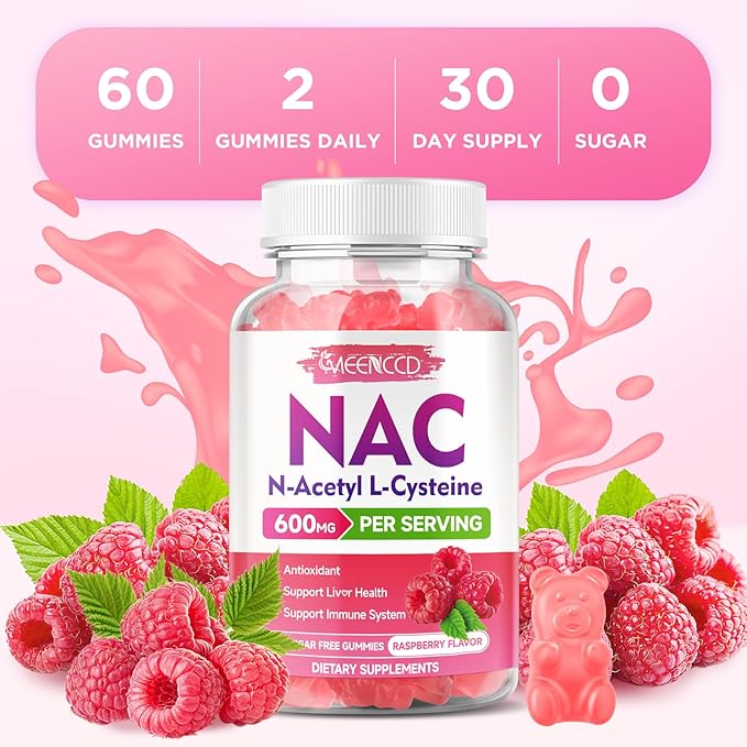MEENCCD 2 Pack NAC Gummies, N Acetyl Cysteine 600mg NAC Supplement for Antioxidants & Immune Support, Sugar-Free, Raspberry Flavor, 120 Count