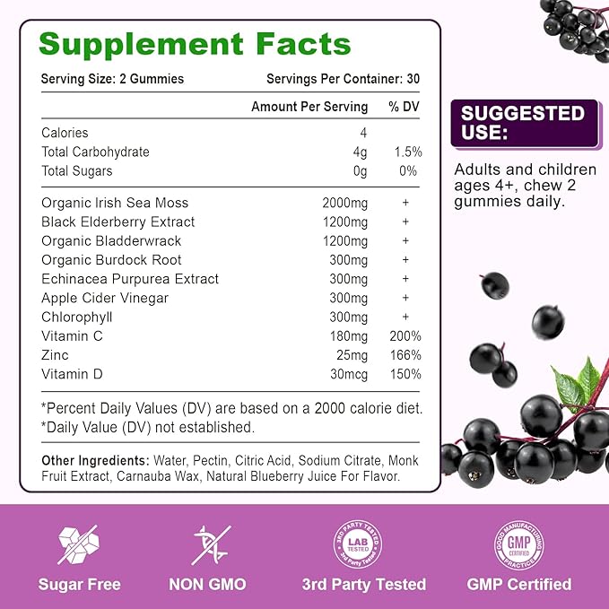 2 Pack Elderberry Gummies with Sea Moss, Extra Strength Elderberry with Vitamin C, Zinc for Immune Support for Adults, Kids, Women & Men, Blueberry Flavor 120Cts