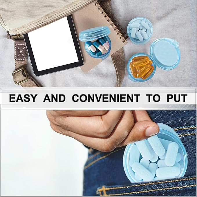 Pill Organizer for Pocket, Mini Pill Box for Pocket Purse, Portable Travel Pill Container, Small Secure Storage for Supplements & Daily Care (Blue 6 PCS)