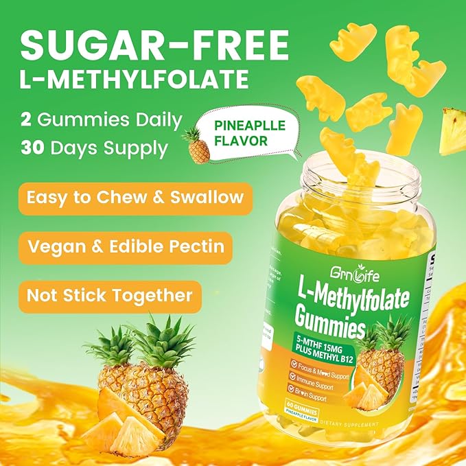 L-Methylfolate 15 mg Gummies with Methyl B12, Methylated B1, B2, B6, Active 5-MTHF & High Absorption - Supports Brain Health & Immune System, Pineapple Flavor, 60 Count