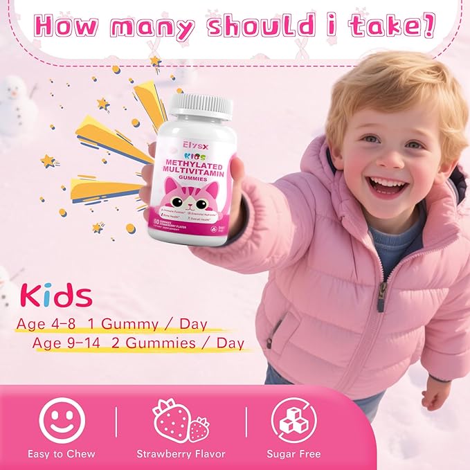Kids Methylated Multivitamin Chewable Gummies, MTHFR Supplement with L Methylfolate, Magnesium, Biotin, Choline, Inositol, DHA, TMG & Coq 10, Immune & Brain Support, Strawberry Flavor, 60 Ct
