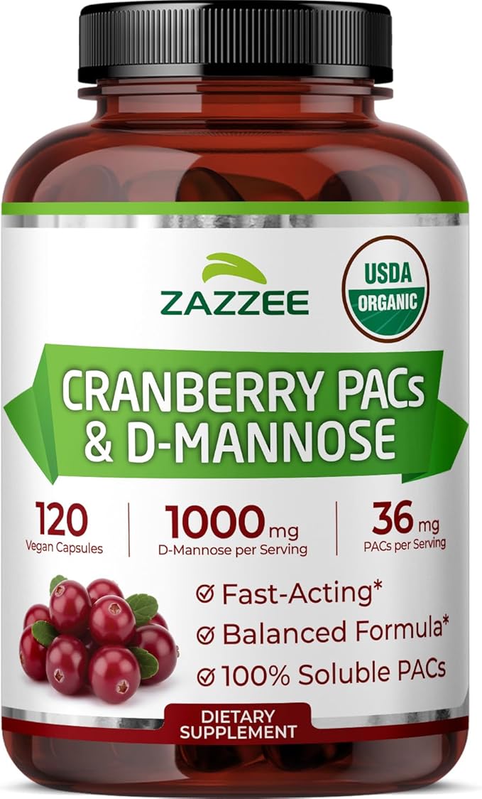 Zazzee USDA Organic Cranberry PACs & D-Mannose, 36 mg PACs per Serving, 1000 mg D-Mannose per Serving, 120 Vegan Capsules, 2 Month Supply, Urinary Tract & Bladder Support, Non-GMO, Made in the USA