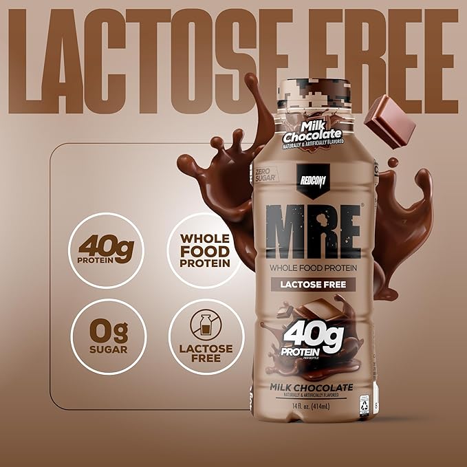 REDCON1 MRE Ready to Drink Protein Shake, Milk Chocolate - Lactose Free RTD 40gr Protein Made with Real Whole Food Protein Blends - Easy to Digest Nutritional Shake (12 Pack)