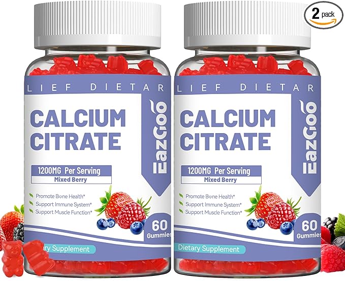 2 Pack Calcium Citrate Gummies, Chewable 1200mg Calcium Gummies for Women & Men, Calcium Supplement for Muscle & Immune Support, High Absorption, Sugar Free, Mixed Berry Flavor, 120 Count