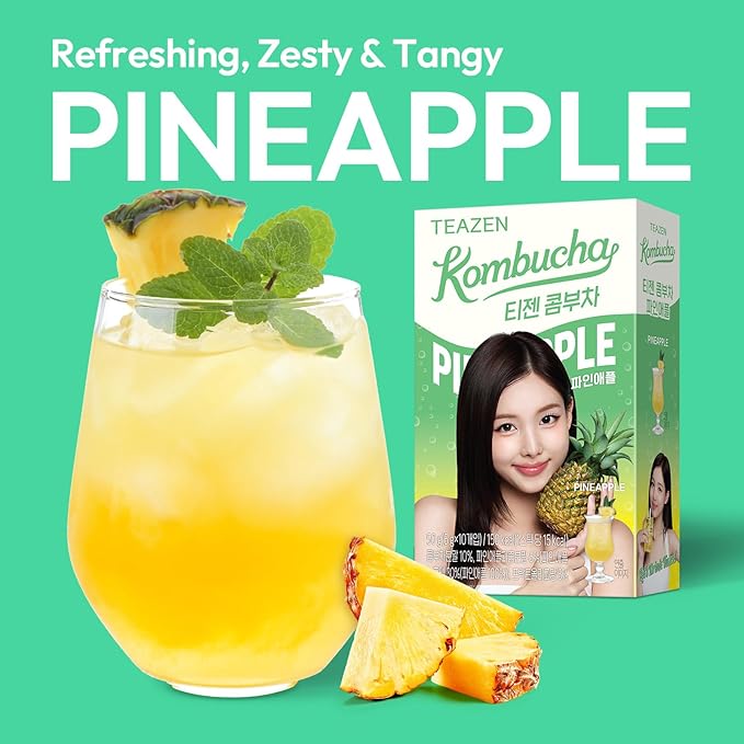 TEAZEN Pineapple Kombucha Powder, Hydration Drink Mix, Sugar Free, Live Probiotics & Prebiotics, On-the-Go 10 Packets, 1.76oz