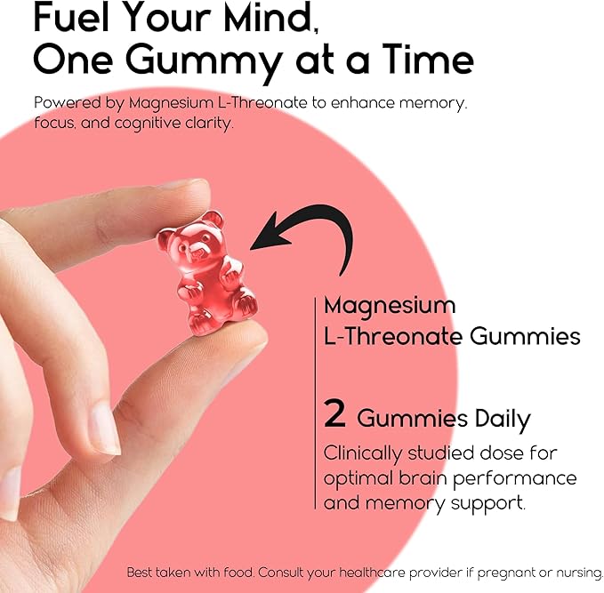 Magnesium L-Threonate Gummies for Adults & Kids 2000mg – Brain Supplements for Memory and Focus - Calm Magnesium Gummies for Improved Sleep and Healthy Mind - 60 Count (Strawberry)
