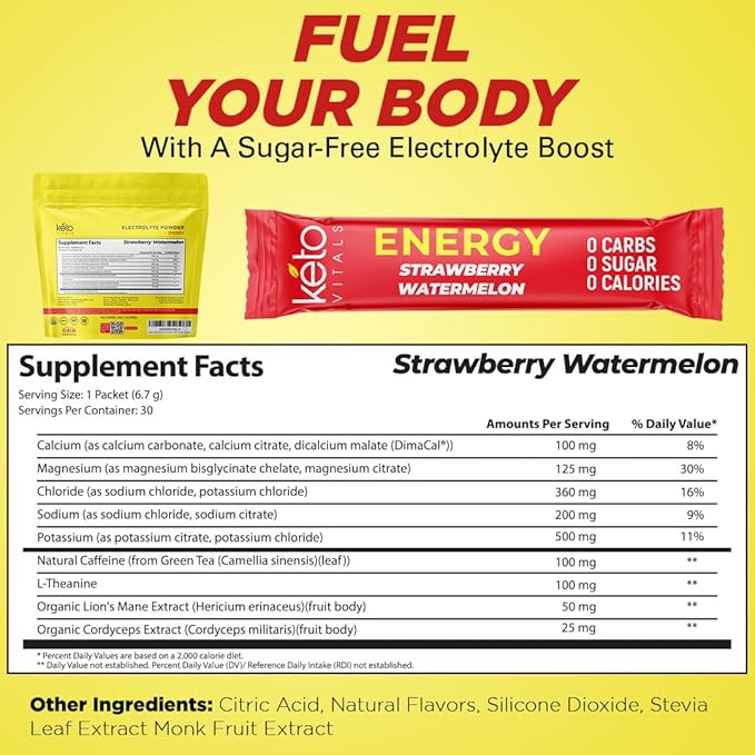 Keto Vitals Electrolyte Energy Drink Powder Packets - Electrolyte Supplement with 100mg Natural Caffeine, L Theanine & Organic Lion's Mane Extract - Strawberry Watermelon Keto Powder Packets, 30 Count