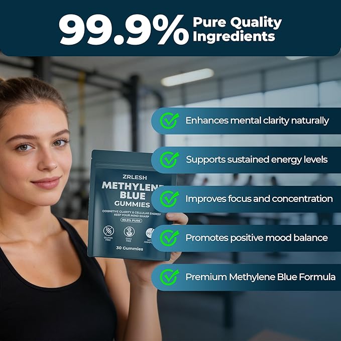 Methylene Blue Gummies, 7mg of Methylene Blue，99.9% Pure, Per Gummy for Sustained Energy,Lifted Mood,Mental Clarity, Pure, Fast-Absorbing,Vegan，30 Gummies