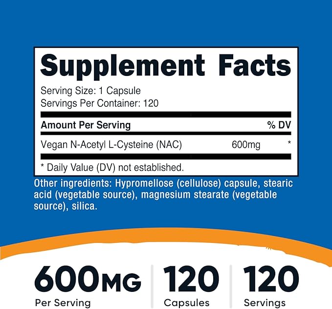 Nutricost N-Acetyl L-Cysteine (NAC) 600mg, 120 Vegetarian Capsules - Non-GMO, Gluten Free, Vegetarian Caps