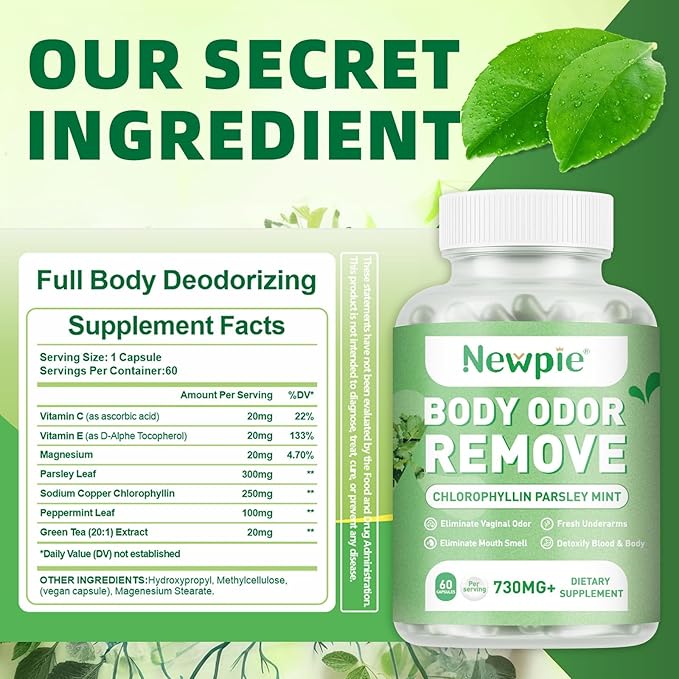 Newpie Body Deodorizing Supplement, Chlorophyll Capsules for Skin Body Odor, Fresh Breath & Gut Odor Control for Men & Women | Vegan with Parsley Leaf Green Tea, Gluten Free, 60 Capsules (1)