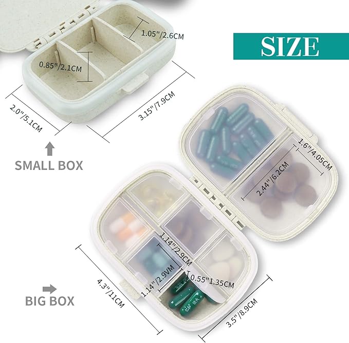 2 Pack Pill Organizer Box - Small Pill Dispenser Home Travel Essentials Supplement Holder Portable Vitamin Case 8 Compartment & 3 Compartment Container Daily Medicine
