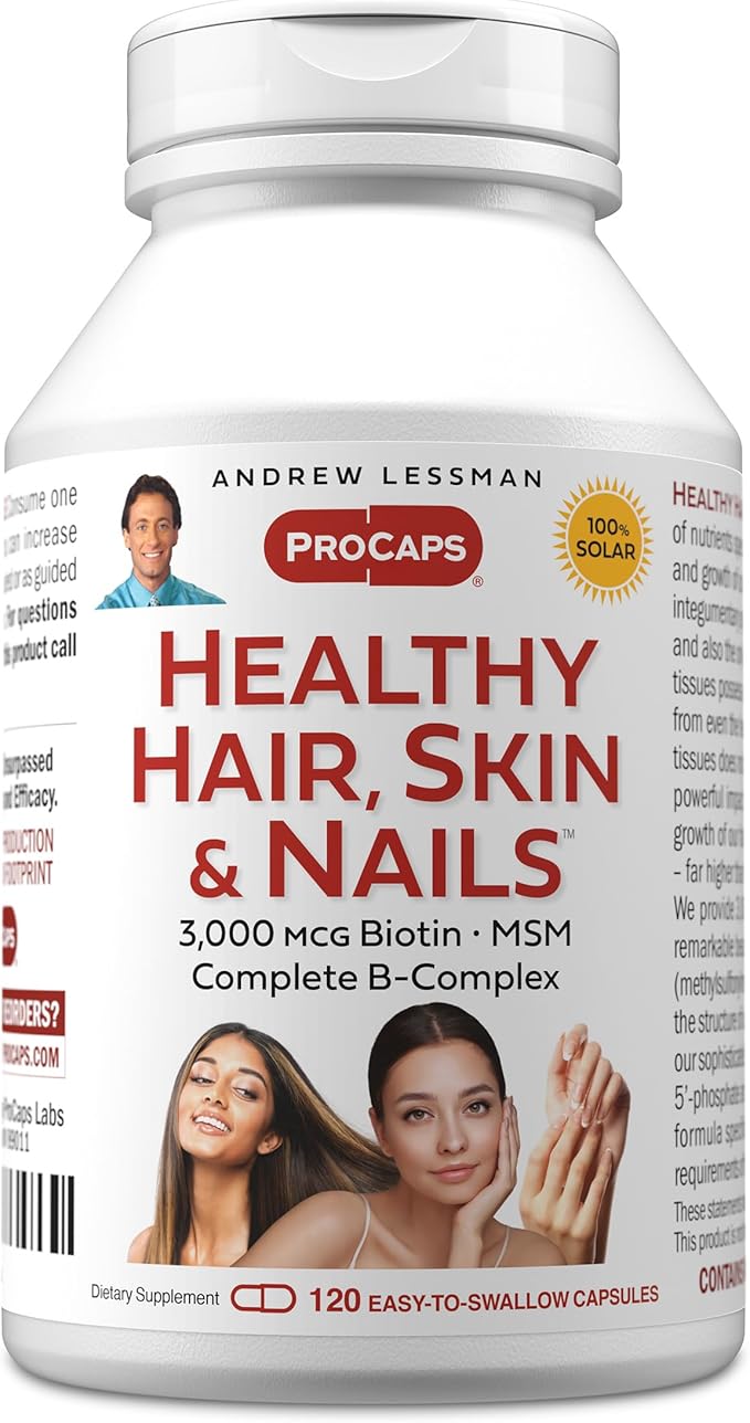 ANDREW LESSMAN Healthy Hair, Skin and Nails 120 Capsules - 3000 mcg High Bioactivity Biotin, B-Complex. Promotes Beautiful Skin, Strong Nails. No Additives Hair Growth Vitamins Biotin Supplement